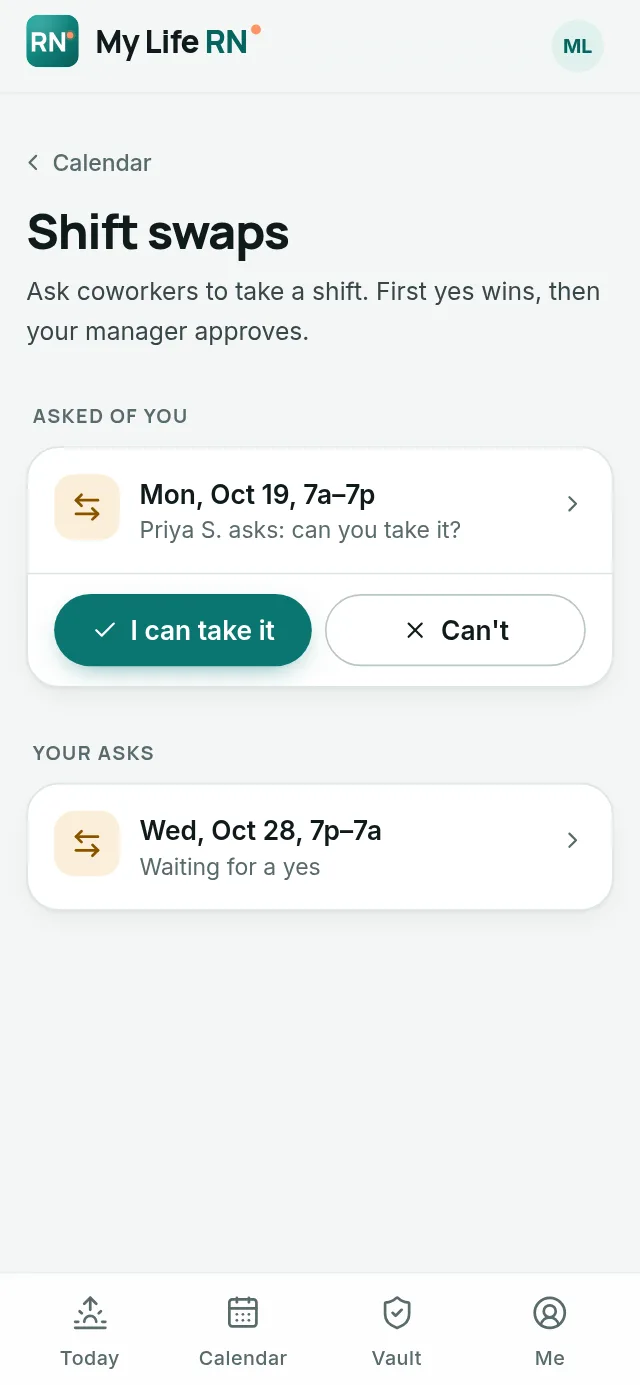 Shift swaps: a coworker's ask with 'I can take it' and 'Can't' buttons, and your own ask waiting for a yes