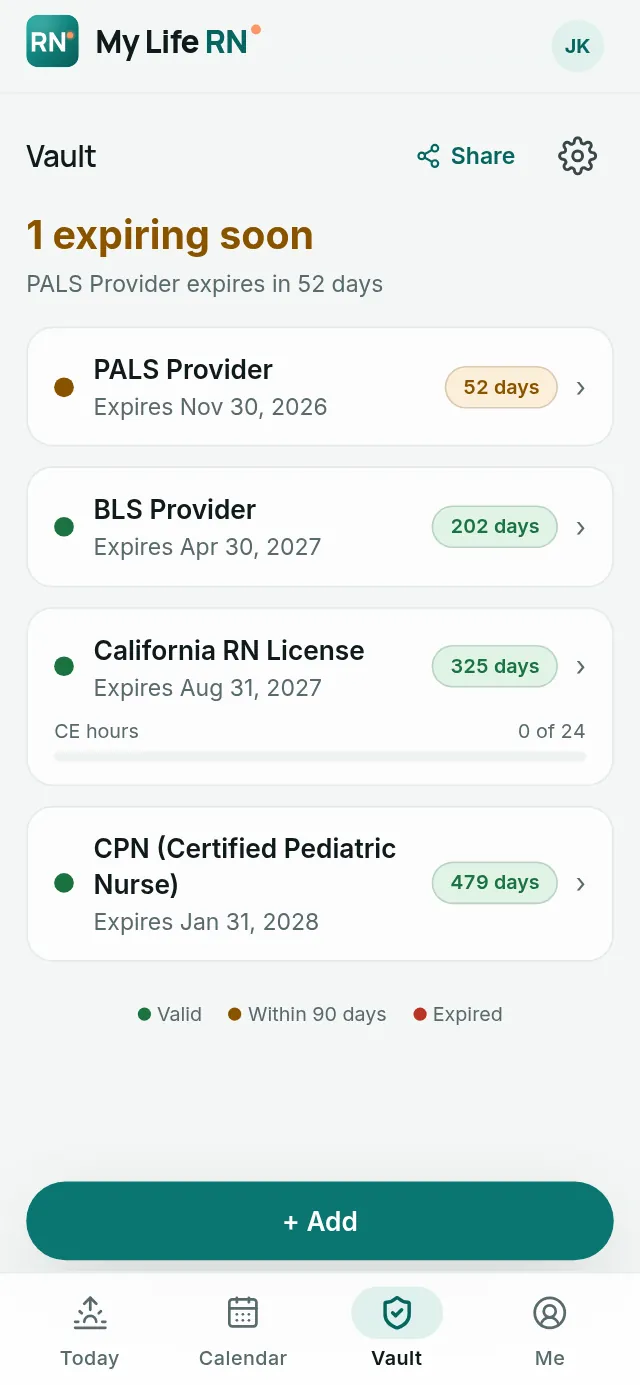 Cert vault: licenses and certifications with days until each one expires