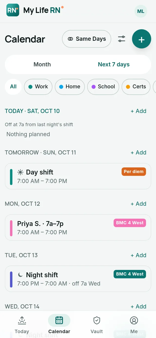 Calendar list: shifts at two hospitals, each with its own tag